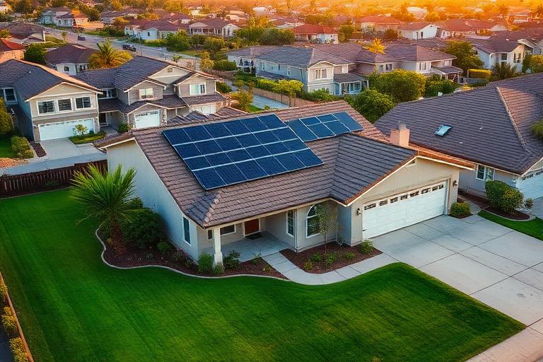 Solar-powered home at golden hour in California